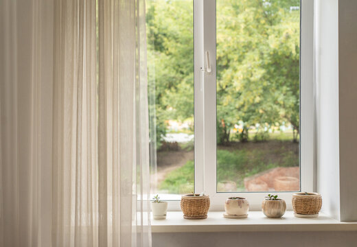 Window sill featuring various decorative pots holding small green succulent plants, creating a cozy and natural indoor environment. Interior mockup, copy space
