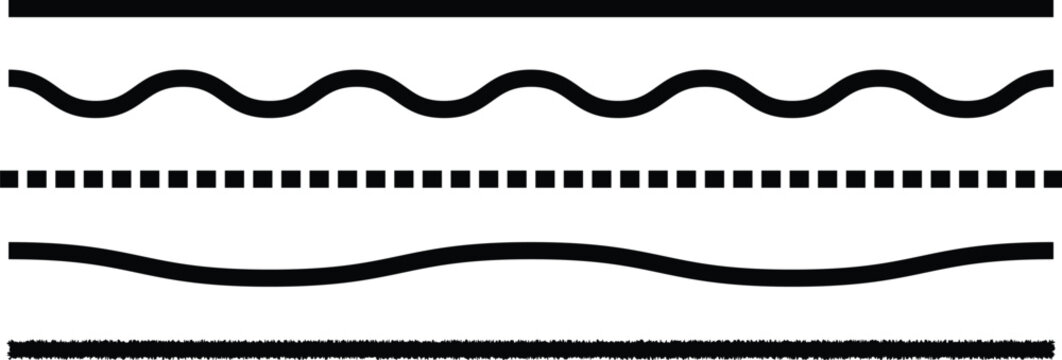 Set of black vector divider lines. Includes straight, wavy, and dashed stroke patterns for design. Decorative graphic elements for page breaks and text borders.