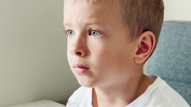 A young boy watches television indoors. He sits quietly on a comfortable sofa. His focused expression shows deep concentration and calm emotion