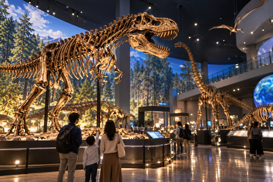 Family Exploring a Dinosaur Skeleton Exhibition at a Museum in Japan