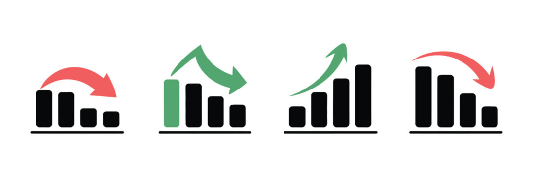 Business Bar Chart Icons featuring green growth and red decline arrows for financial analysis, performance, revenue, and market trends