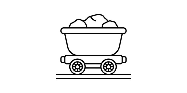 Old fashioned coal mining cart filled with rocks and ore on railway tracks for industrial resource extraction and heavy labor concept.
