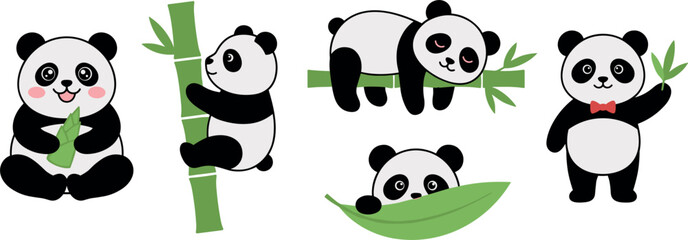 Cute giant panda character vector set with baby bear eating bamboo climbing tree sleeping on branch and peeking behind leaf isolated on white background © SARIFA