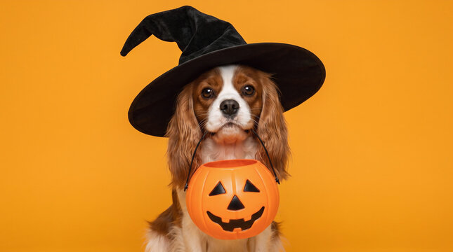 Cavalier King Charles Spaniel wearing witch hat with pumpkin candy bucket on orange background, adorable Halloween dog portrait for trick or treat