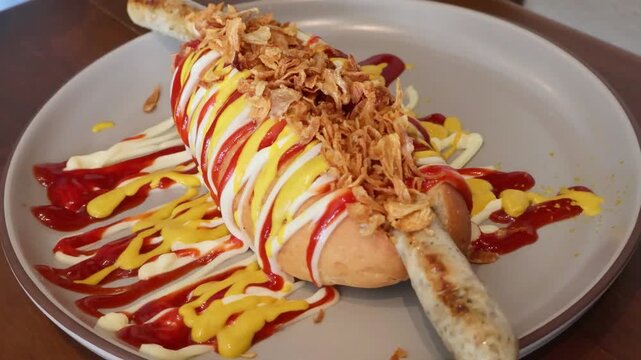 Footage of gourmet German sausage hot dog topped with crispy onions and drizzled sauces on a plate