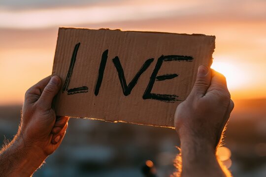 Hands holding a handmade cardboard sign for a live video broadcast against a warm sunset sky