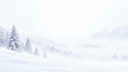Fototapeta premium Snowy mountain landscape with silhouetted pine trees in heavy fog, winter forest scene with white snow-covered slopes and misty atmosphere