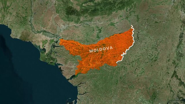 Moldova geographical location on satellite map animation showing borders in bright orange motion video footage clip