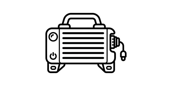 Black line drawing of a portable air compressor on transparent background.