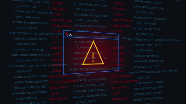 Cyber security hack alert warning pop-up window displaying critical system error messages and digital data breach notification on a dark background, for network protection, and information technology