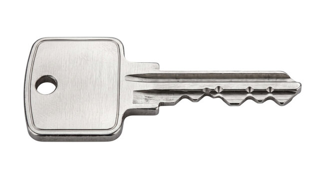 Single silver metal key on black background, isolated on transparent background