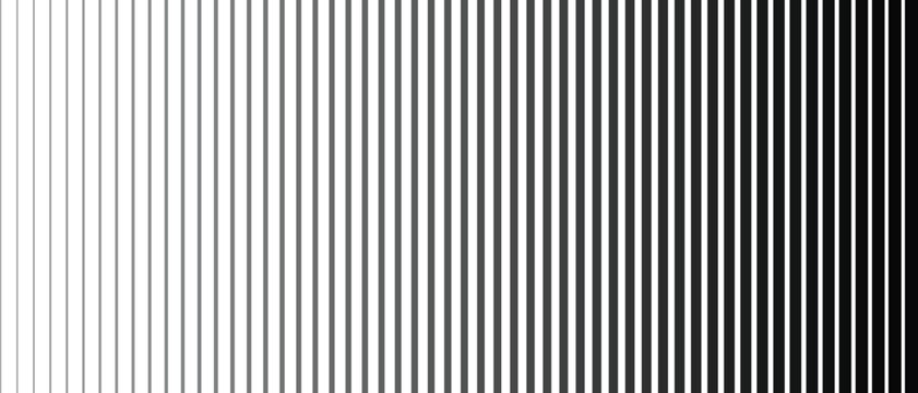 Abstract vertical lines pattern with black and white gradient fade. Seamless linear halftone texture background. Minimal geometric optical design element.