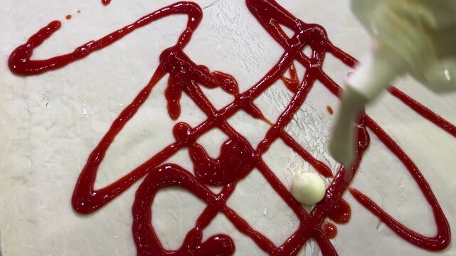 Red ketchup flows from a squeeze bottle onto a sheet of raw dough during homemade pizza preparation.
