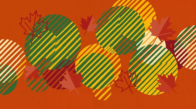 Abstract autumn background with maple leaves and striped geometric circles on orange backdrop