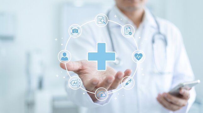 Professional Doctor Holding Digital Medical Interface with Health Icons for Modern Healthcare Technology Concepts and Innovative Patient Data Management System