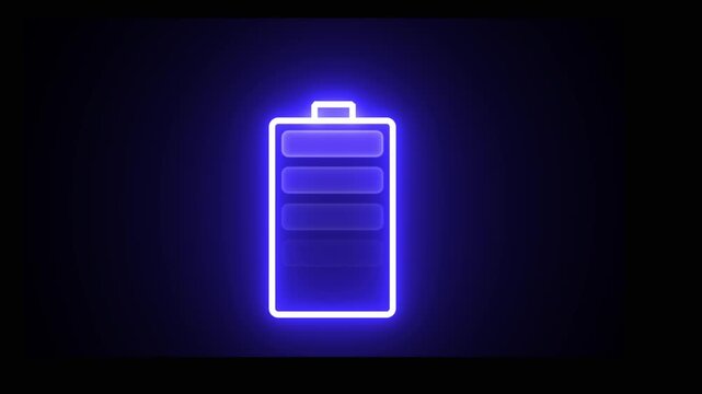 Blue glowing fully charged battery icon on dark background a bright neon style indicator showing full power status