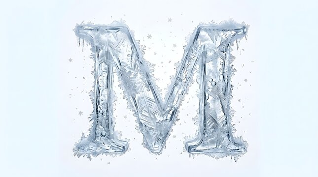 An abstract representation of the letter m creatively constructed from flowing icy waterfalls and delicate frozen textures against a pristine white backdrop symbolizing winter