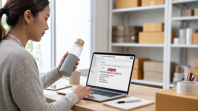 Business owner reviewing AI generated product description on laptop with verify claim alert in warehouse office