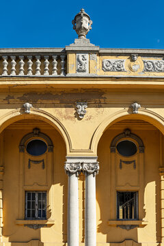 Ornate cornice detail with carved urn and paired columns at the Sz&eacute;chenyi baths in Budapest, Hungary