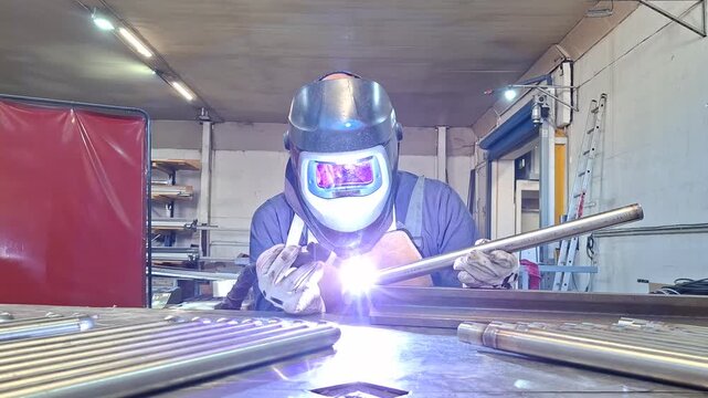 Industrial metal fabrication process featuring TIG welder in protective gear