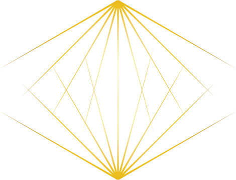 Golden geometric diamond shape formed by thin radiating lines. Abstract luxury sunburst vector illustration isolated on white. Elegant minimal logo design element for modern branding.