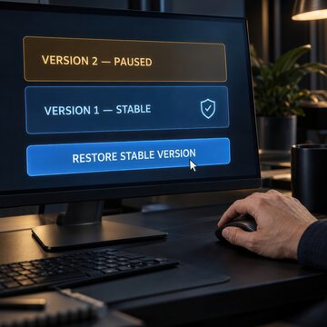 Engineer rolling back AI model to stable version on monitor for governance and system safety