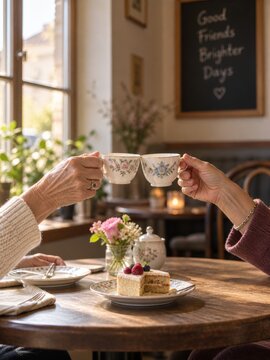 two senior caucasian women toasting vintage cups over berry cake at cozy cafe table. female friendship, autumn tea time, retirement leisure. social media, flyer.