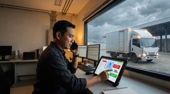 Logistics dispatcher rerouting delivery truck on tablet screen during rain for autonomous navigation audit