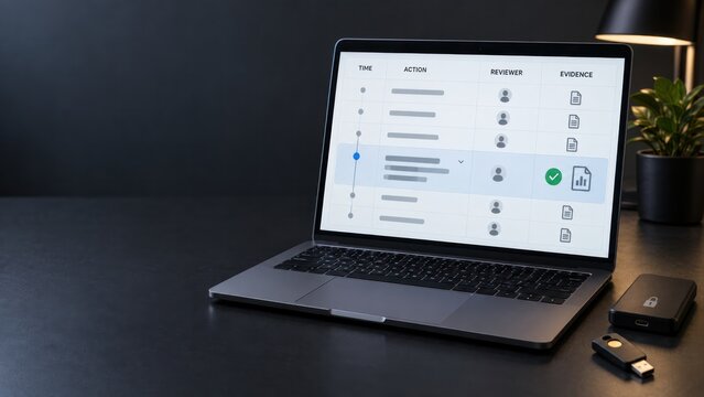 Laptop displaying AI audit log dashboard with human review evidence and data security devices