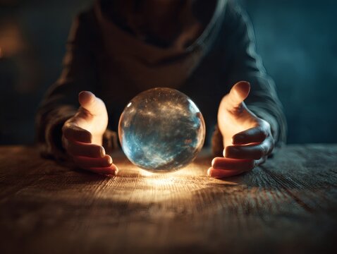 Fortune Teller Hands Surrounding Glowing Crystal Ball for Divination and Psychic Reading