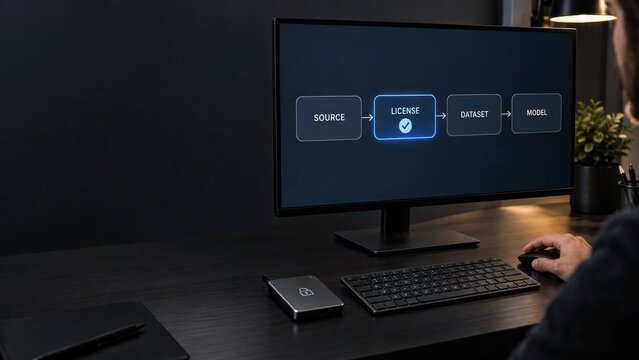 Person reviewing AI training data lineage and license verification flowchart on desktop monitor