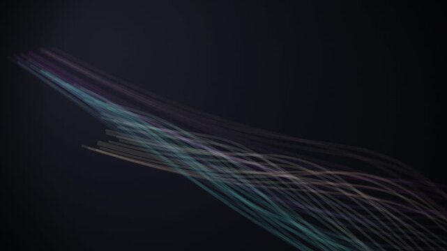 Abstract light trails on dark background, glowing motion blur lines in blue and purple, cinematic energy streaks for technology and data visualization