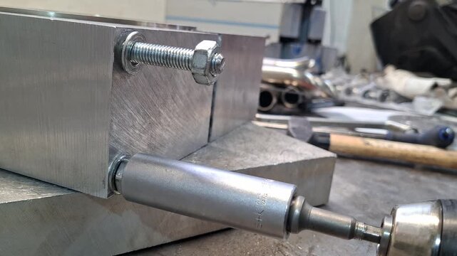 Metal welding jig fixture with bolted aluminum block in metal fabrication workshop