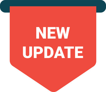 Red pennant banner icon with new update text. Flat vector design for digital notifications. Perfect for software upgrades and website alerts.