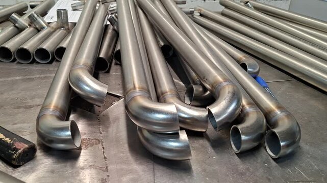 Custom fabricated stainless steel tubes with welded 90-degree elbows in metal factory