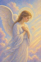 Obraz premium Serene angel with halo and wings in dreamy pastel sky