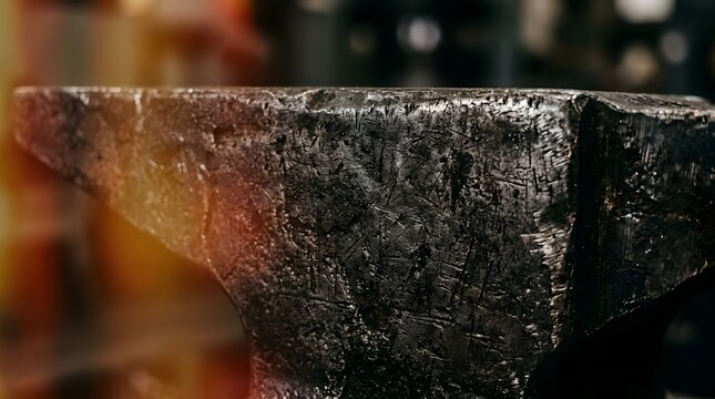 Heavy blacksmith anvil close up showing dark weathered iron texture