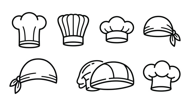Collection of various chef hats and headwear black line art