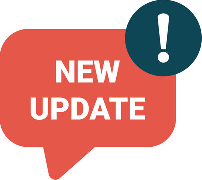Red speech bubble icon for a new update notification. Features an important alert badge with an exclamation mark. Flat vector design for modern web or app interfaces.