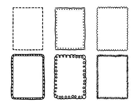 Hand Drawn Decorative Rectangle Frames and Borders Set with Doodle, Loop and Scalloped Edges