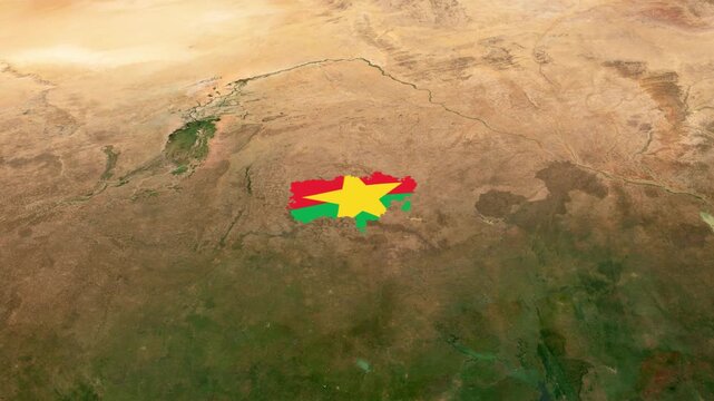 Satellite map animation of Burkina Faso with zoom in, zoom out, moving clouds, growing ink-shape waving flag of the country, gradient outline indicating the border. Concept for broadcast, social media
