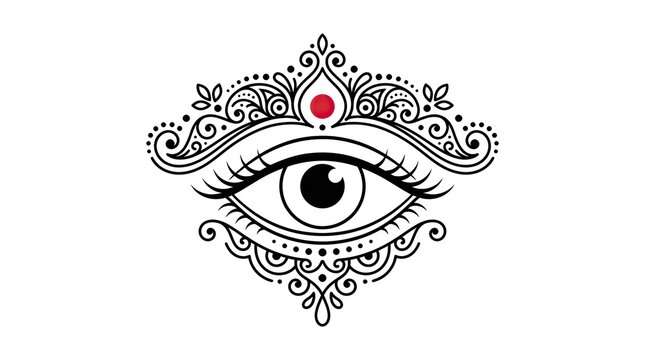  Ornamental Eye with Red Bindi Mehndi Style Black and White Vector Illustration