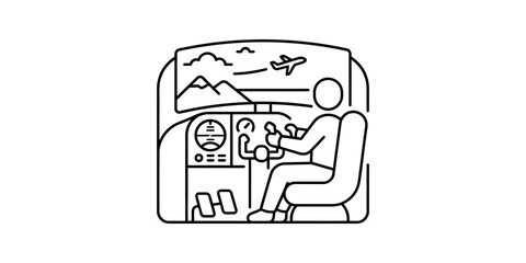 Pilot using flight simulator in cockpit with instruments and view of mountains and plane. © SAJID