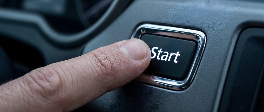 Finger pressing black start button in a modern car interior.