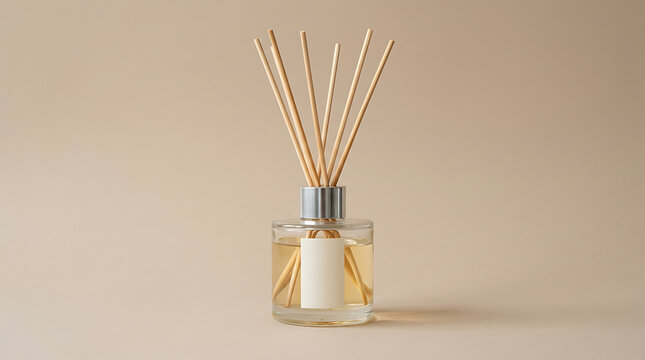 Minimalist essential oil diffuser with wooden sticks mockup for product packaging design
