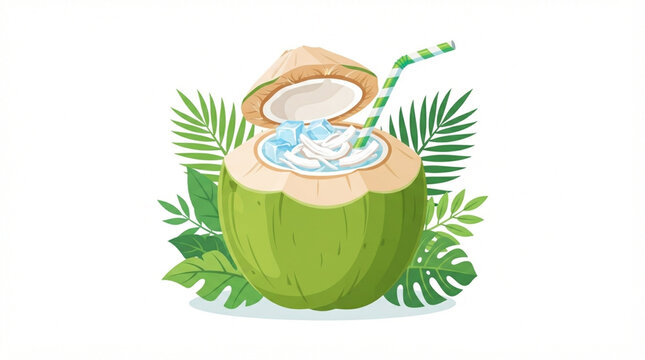 Colorful vector illustration of fresh young coconut water served inside a green coconut with ice cubes, coconut flesh and tropical leaves.