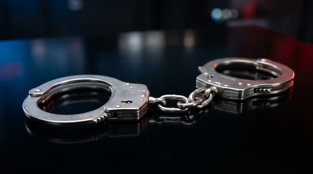 Stainless Steel Handcuffs Close-up on Dark Reflective Surface