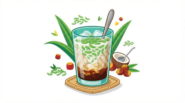 Colorful vector illustration of traditional Indonesian es cendol dessert drink with green rice flour jelly, coconut milk, palm sugar syrup and ice.