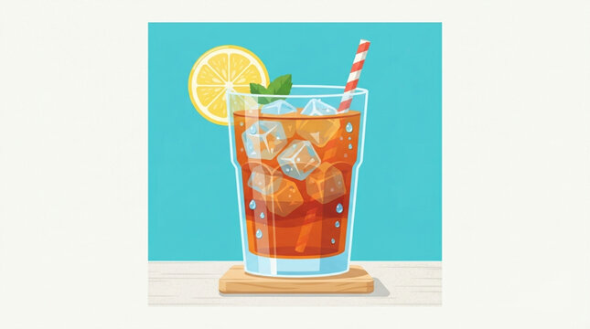 Colorful vector illustration of a glass of Indonesian iced tea with ice cubes, lemon slice, mint leaves and a striped straw.