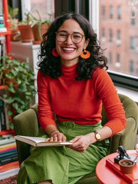 Confident Young Woman of Color Smiling in Stylish Teal Blazer Holding a Laptop in Busy Urban Caf&eacute;